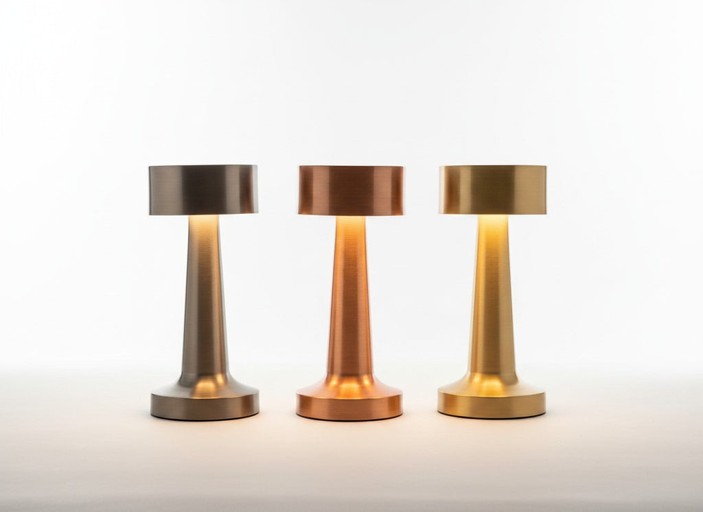 Trois lampes nomades LUMORA Lueur en métal brossé, finitions argent, cuivre et or, design tactile sans fil.