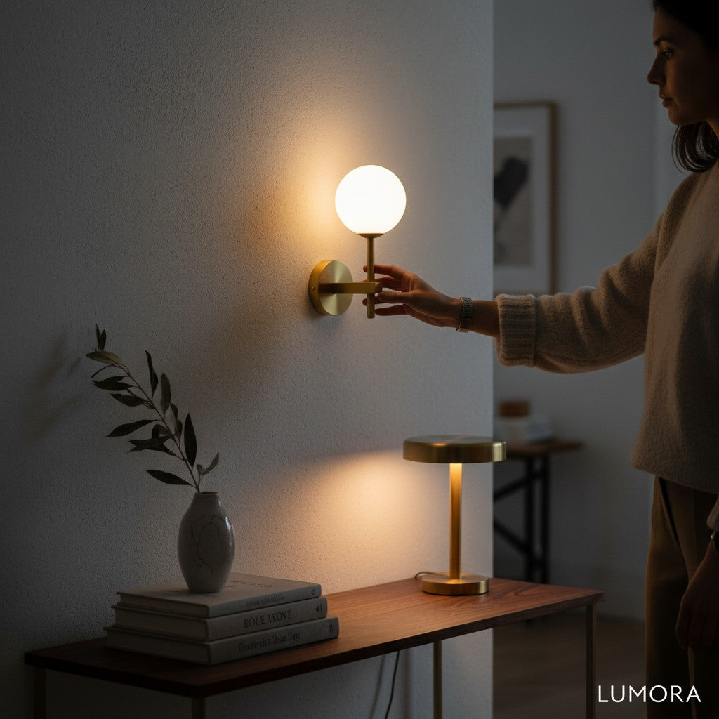 Applique murale LUMORA Perla en verre opalin blanc et laiton doré, style nordique, installée dans un intérieur chic.