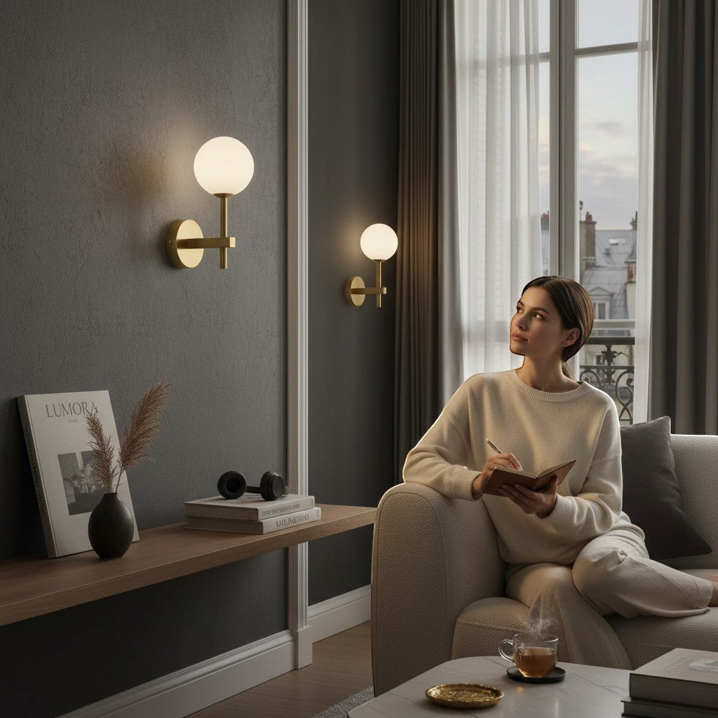 Applique murale LUMORA Perla en verre opalin blanc et laiton doré dans un salon contemporain avec une femme écrivant.
