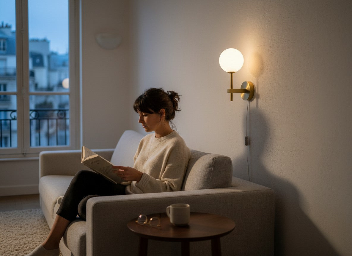 Femme lisant sur un canapé sous une applique murale LUMORA Perla en verre opalin blanc et laiton doré