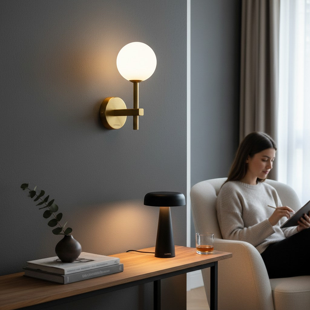 Applique murale LUMORA Perla avec globe en verre opalin blanc et support en laiton doré dans un salon contemporain.