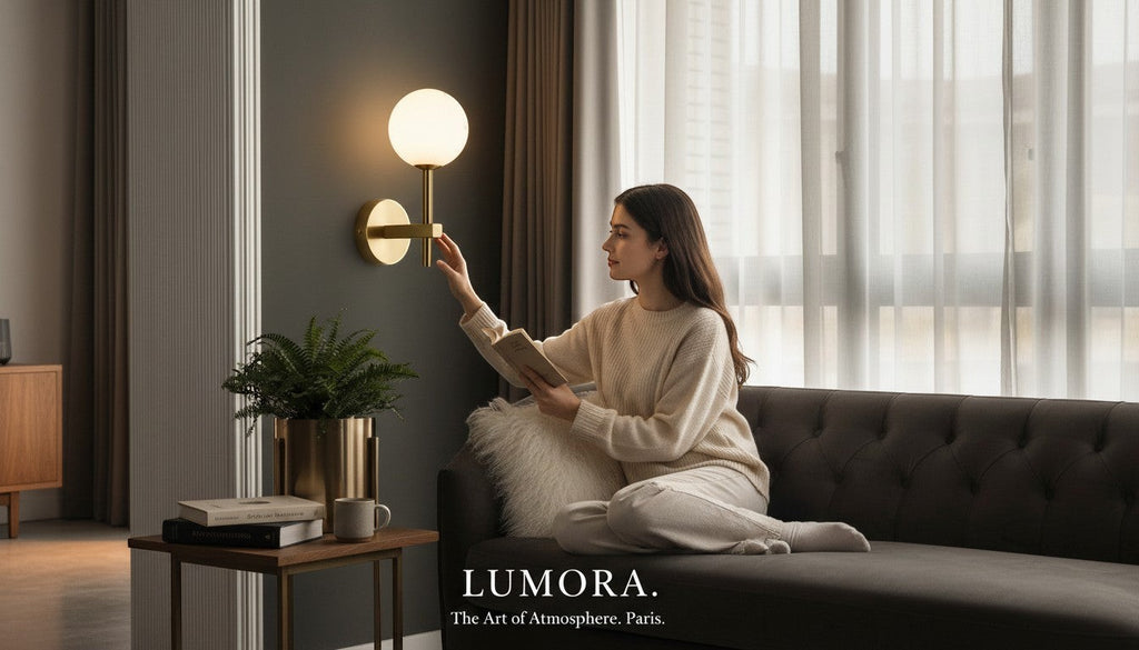 Femme lisant près d'une applique murale LUMORA Perla en verre opalin blanc et laiton doré dans un salon moderne.