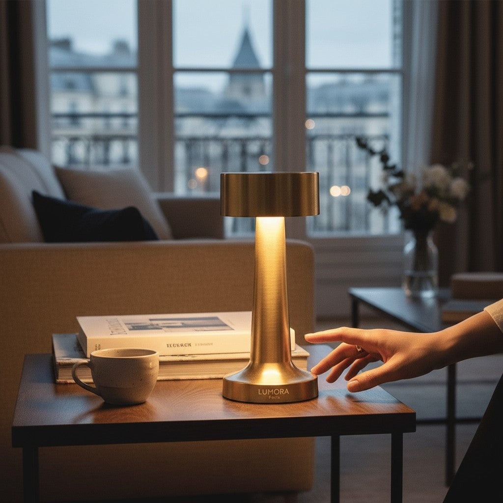 Lampe nomade LUMORA Lueur en métal doré, sans fil et tactile, posée sur une table dans un salon chaleureux.