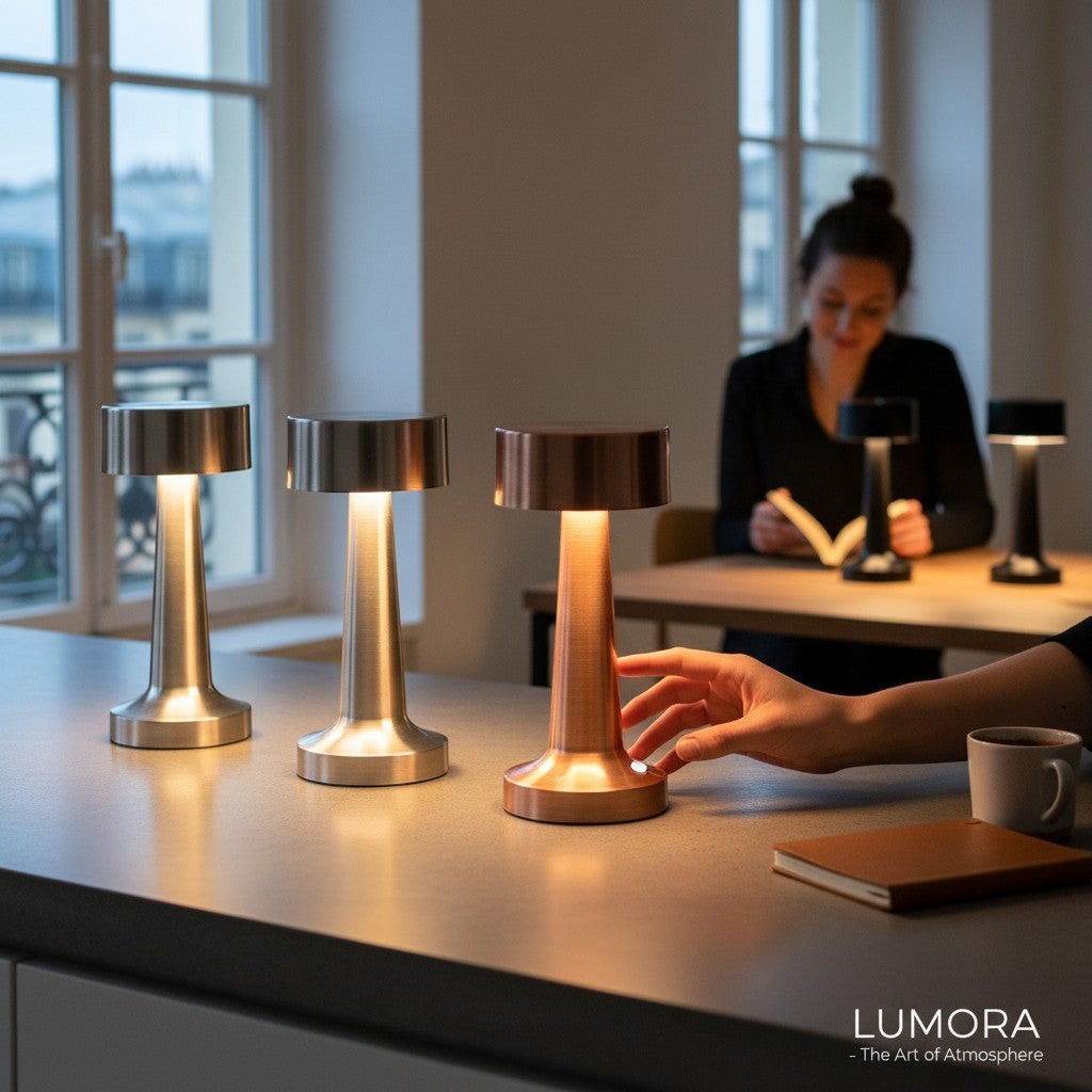 Lampe nomade LUMORA Lueur en métal, sans fil et tactile, posée sur une table avec une lumière chaude réglable.