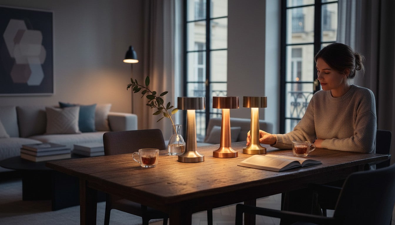 Femme lisant à table avec trois lampes nomades LUMORA en métal, sans fil et tactiles, diffusant une lumière chaude.