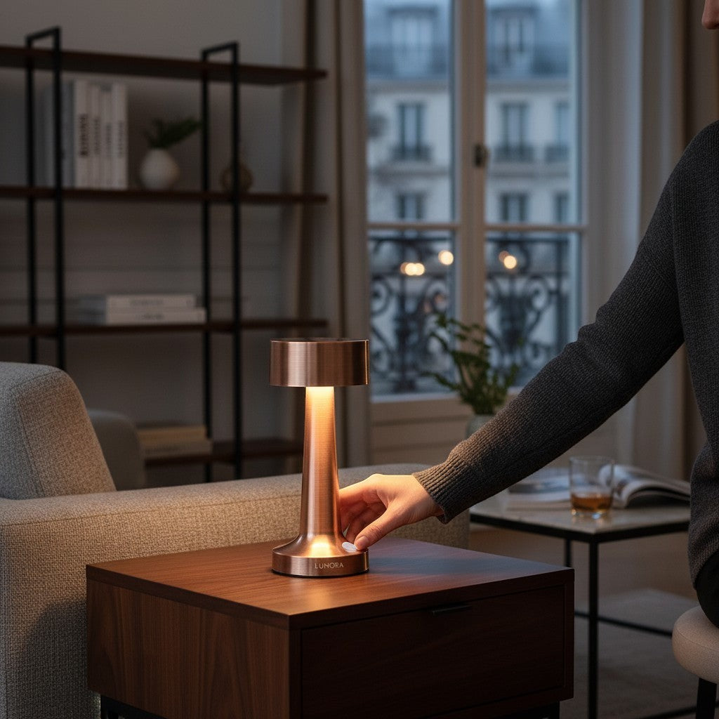 Lampe nomade LUMORA en métal cuivré, sans fil et tactile, posée sur une table de chevet dans un salon moderne.