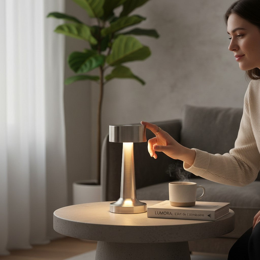 Femme allumant la lampe nomade tactile LUMORA en métal brossé sur une table basse dans un salon moderne.