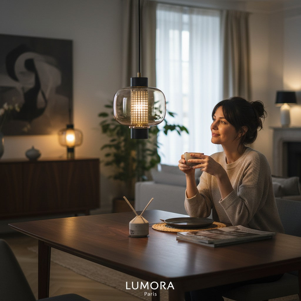 Suspension Bolla LUMORA en verre soufflé et métal noir, éclairage design italien au-dessus d'une table de salle à manger